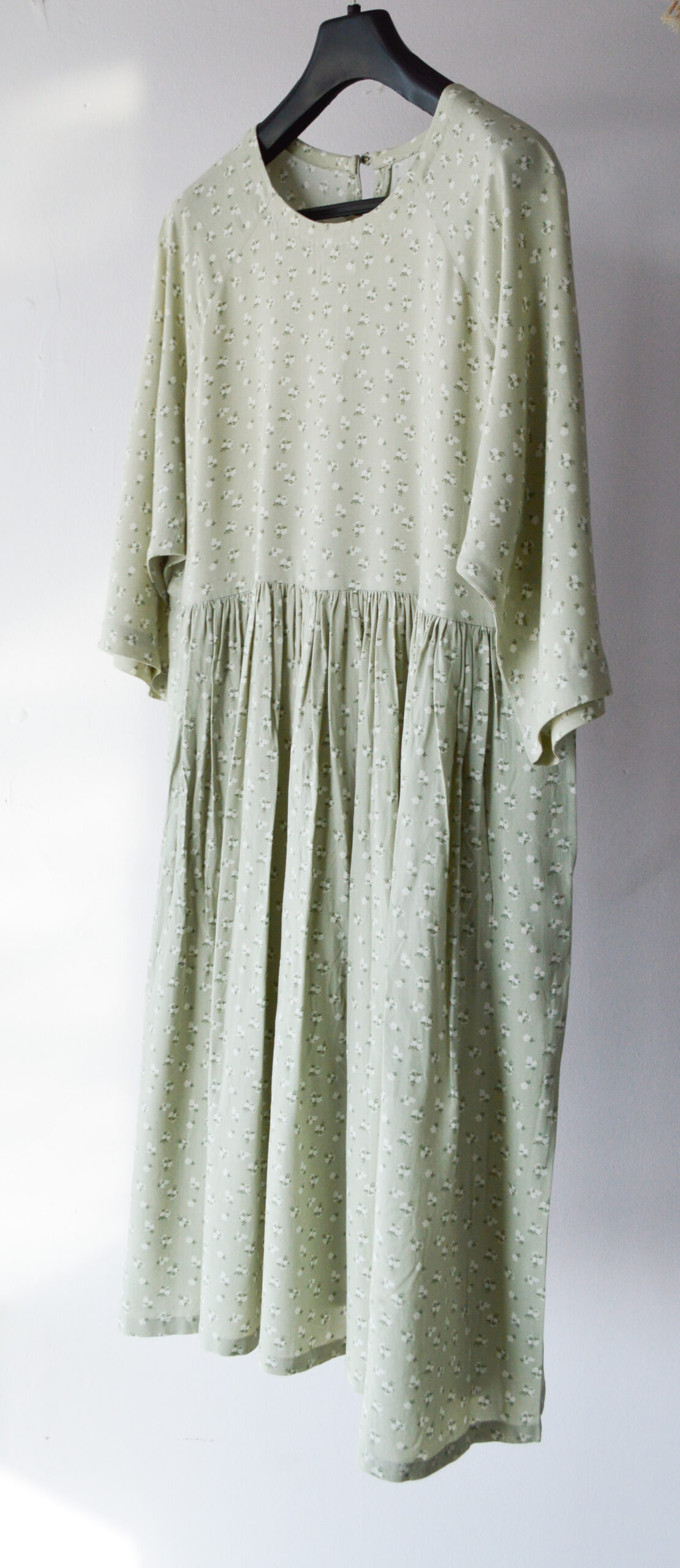 Mud Green Calf Length Raglan Dress Lightly Gathered Waist