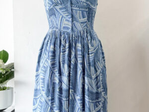 Strappy Corset Calf Length Dress with Smocked Side Panel in Greece Blue 