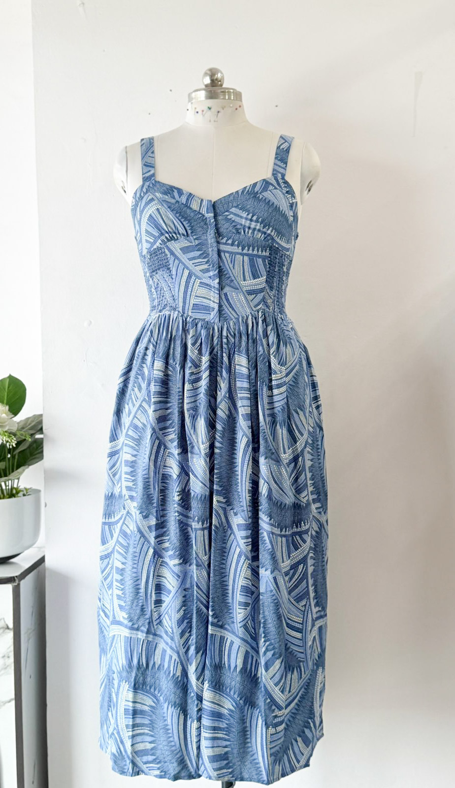 Strappy Corset Calf Length Dress with Smocked Side Panel in Greece Blue