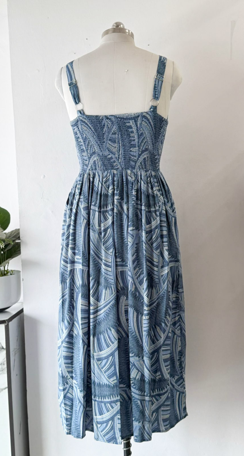 Strappy Corset Calf Length Dress with Smocked Side Panel in Greece Blue - Image 3